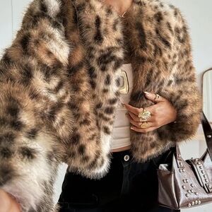 Cropped Faux Fur Leopard-Print Teddy Jacket - Brown